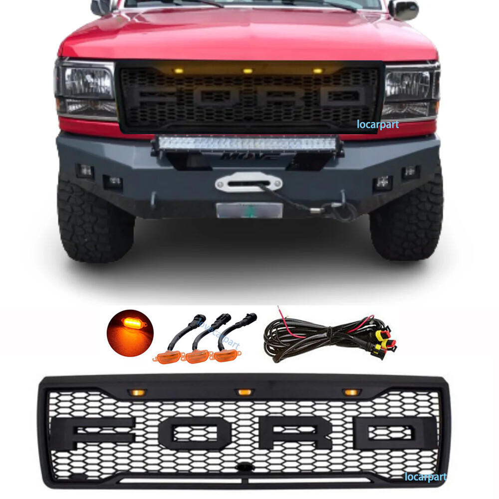 Grille For For-d F150 Bronco Grill 1992-1996 Mesh Grille w/LED +Letters Black