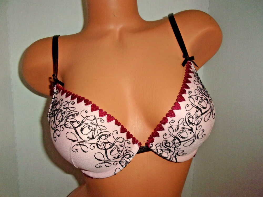 Victoria's Secret Push up Bra Pink Lace/Embroidery/Faux Leather Straps 32D