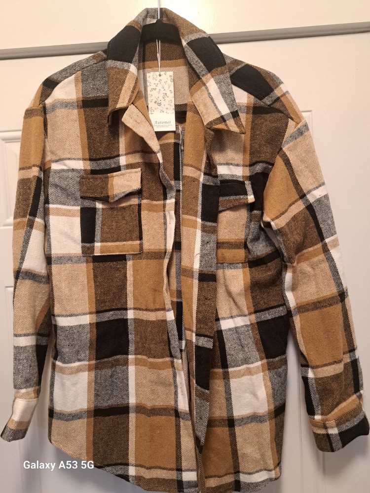 Automet Women Brown Black White Plaid Flannel Button-Down Shacket Shirt Jacket S