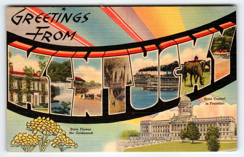 Greetings From Kentucky Postcard Large Letter Tichnor Vintage Linen Unposted