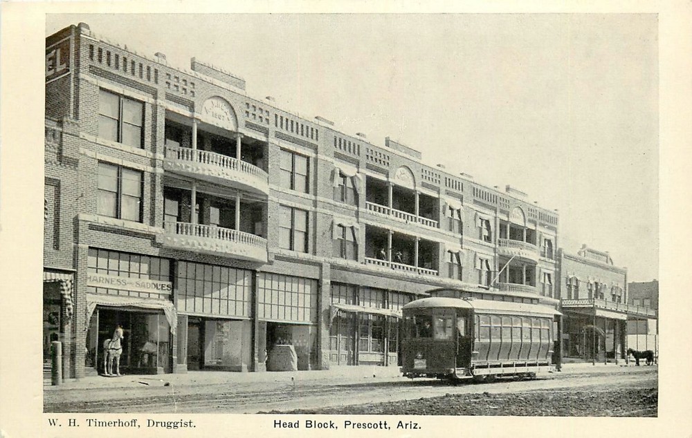 c1910 Prescott Arizona Head Block Trolley Timerhoff Postcard 26-3878