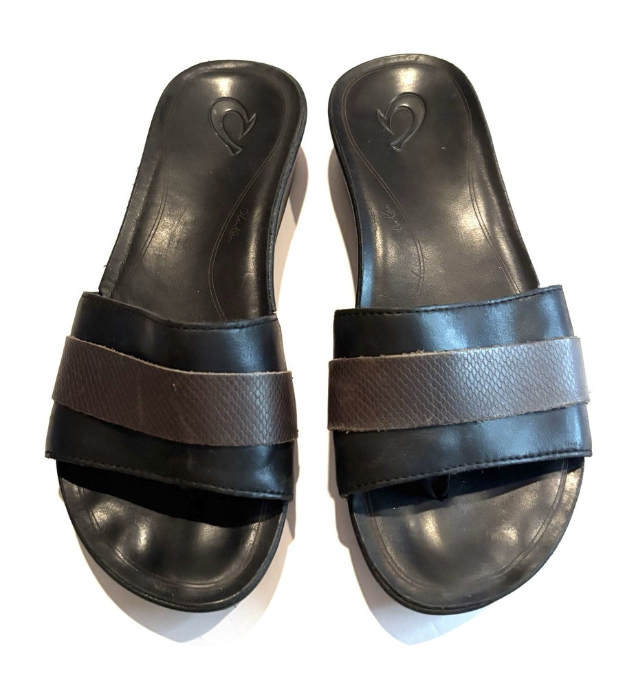 Olukai Ola Huna Womens Black Leather Slide Sandals US 7 EUR 37 Beach Casual