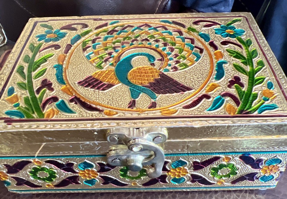 Vintage Indian Brass Meenakari Peacock Trinket Box Enamel Painted 6x4