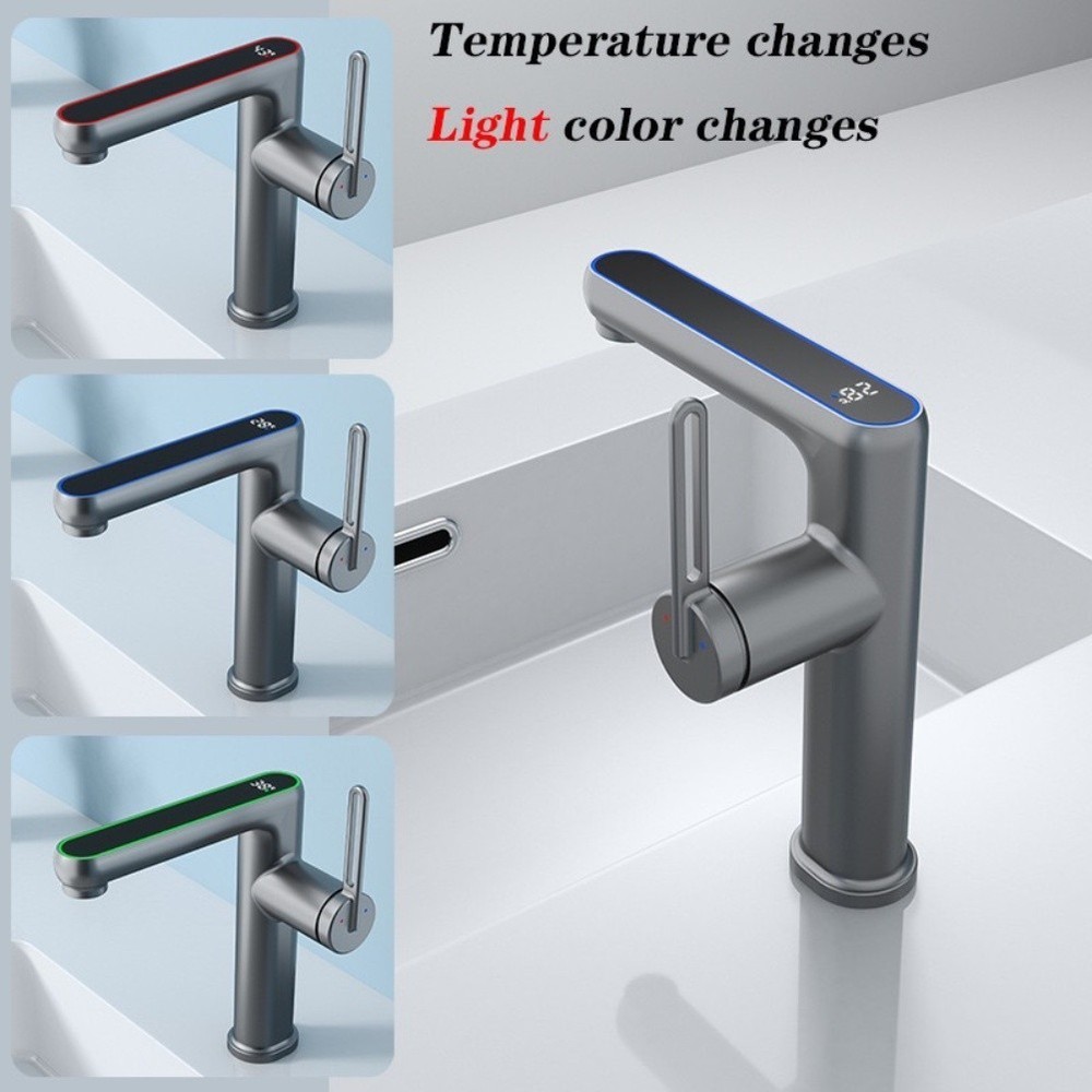 Bathroom Basin Mixer Tap with LED Temperature Light and Hot Cold Pipes