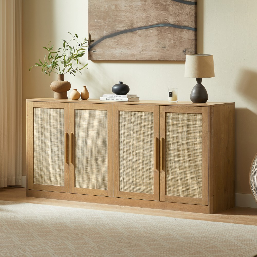 Rattan 4 Door Buffet Cabinet Boho Sideboard Large Credenza Sideboard Buffet