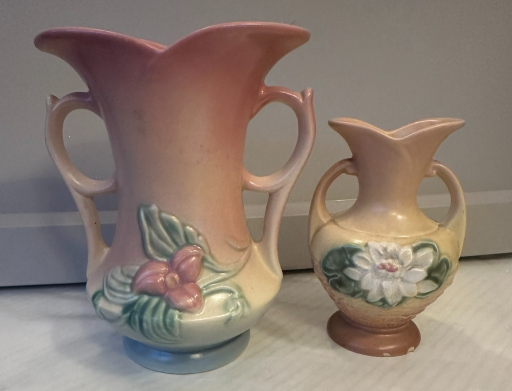 Vtg 2 Hull Art Pottery Vases Wild Flower & Water Lily Matte W6 7 1/2