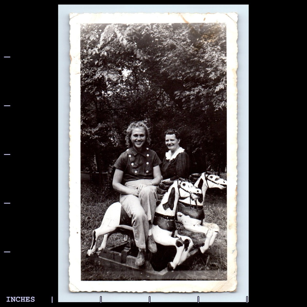 Old Vintage Photo WOMEN SITTING ON ROCKING HORSE