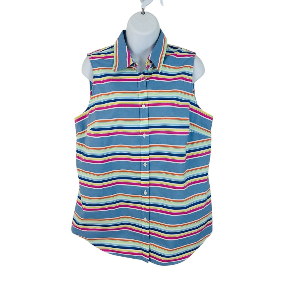 Chaps Women's Size L No Iron Stripe Sleeveless Multi Color Button Up Shirt