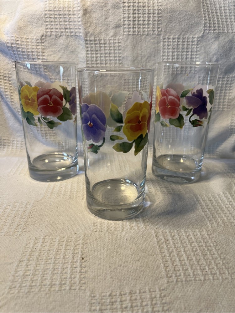 Corelle Coordinates SUMMER BLUSH PANSY Glass Tumblers 16 oz Floral 6” Set 3 NEW