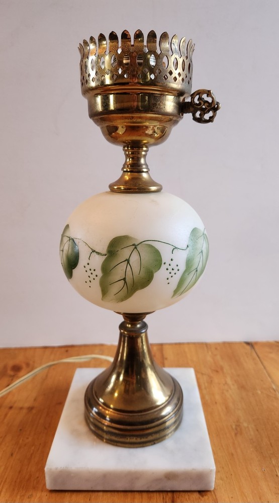 SALE $22.00- Antique Brass & Hand Painted Glass Table Lamp, Marble Base