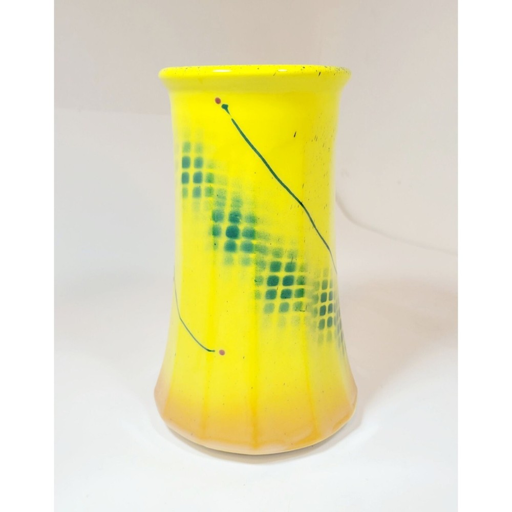 Yellow Studio Art Vase Mix Media signed yellow green red blue 9
