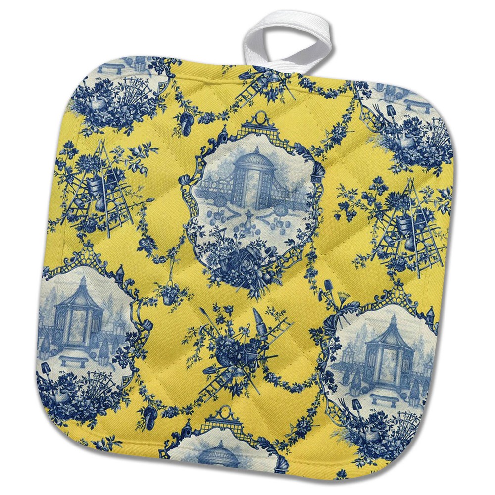 3DRose Yellow and Blue French Toile Garden Print 8x8 Potholder