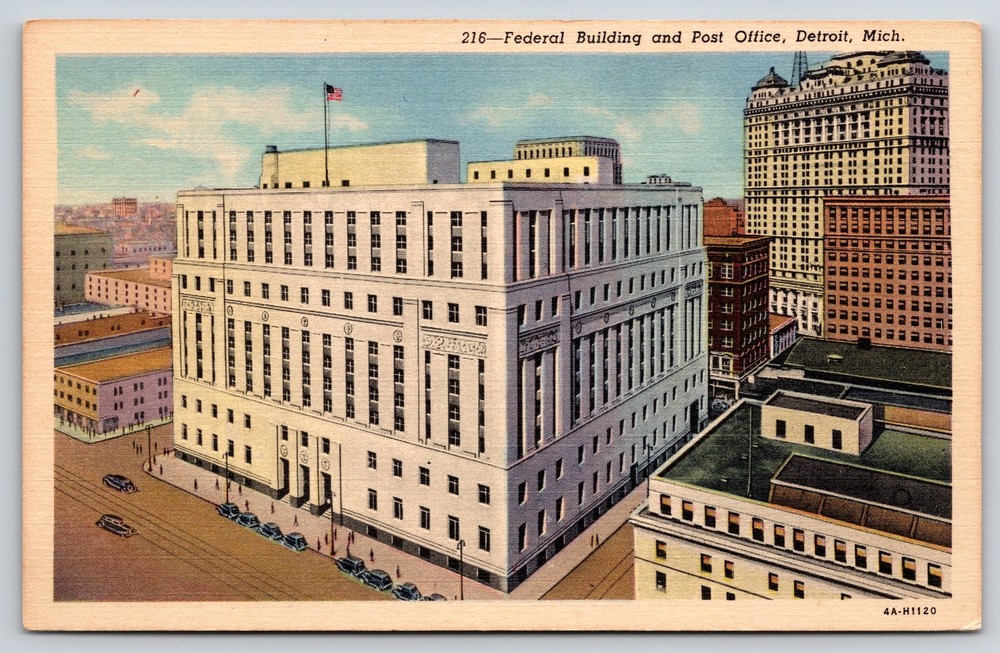 Detroit Michigan~Federal Building And Post Office~Vintage Linen Postcard
