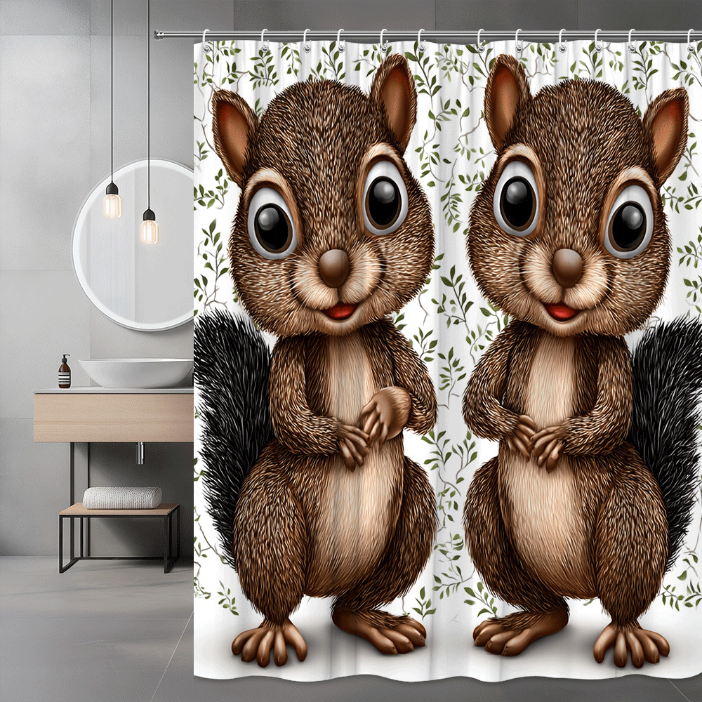 Squirrel Shower Curtain Cute Animal Print Leaves Background