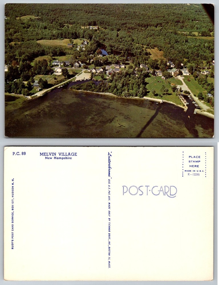 Melvin Village New Hampshire Aerial View Lusterchrome Postcard Tichnor Bros.