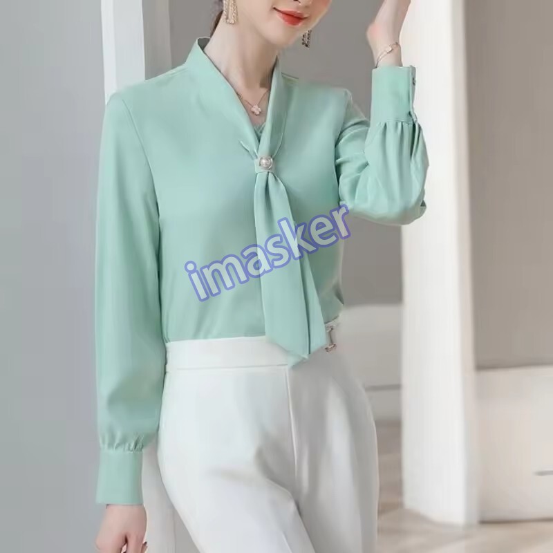 Women Spring Autumn Style Blouses Shirts Long Sleeve Bow Tie Collar Casual Tops
