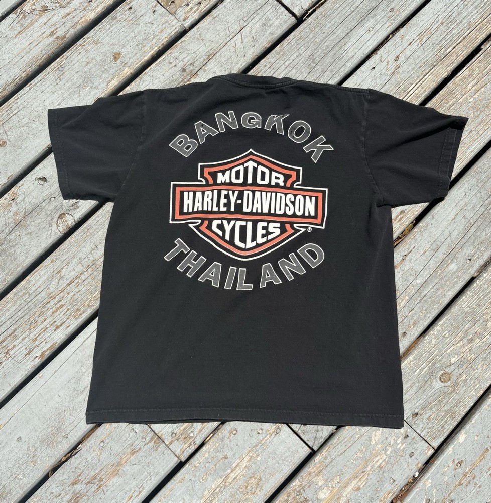 Vintage Harley Davidson Shield Tourist Tee Shirt Y2K Bangkok Thailand Black