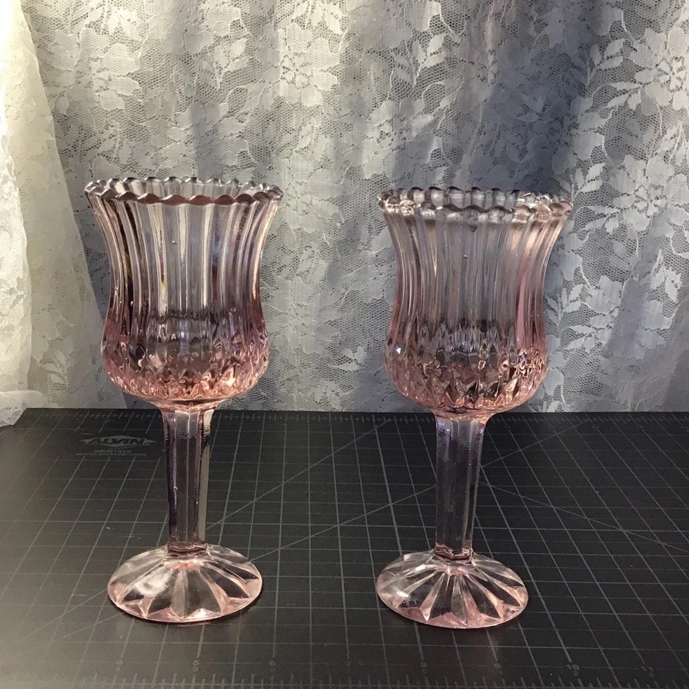 Vintage Candle Holders Pink Glass Tall Stem Pair