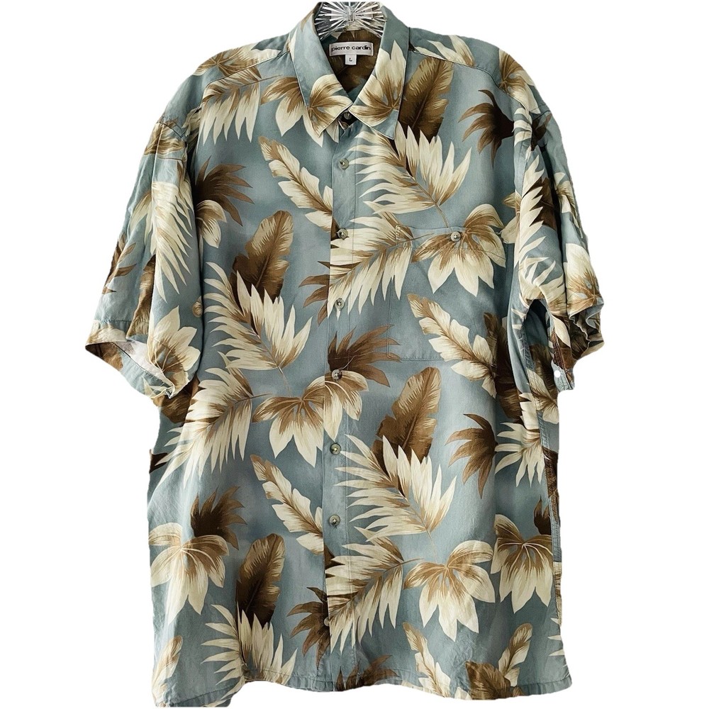 Pierre Cardin Men’s  Size Large Rayon Hawaiian Print Palm Tree Button Up Shirt