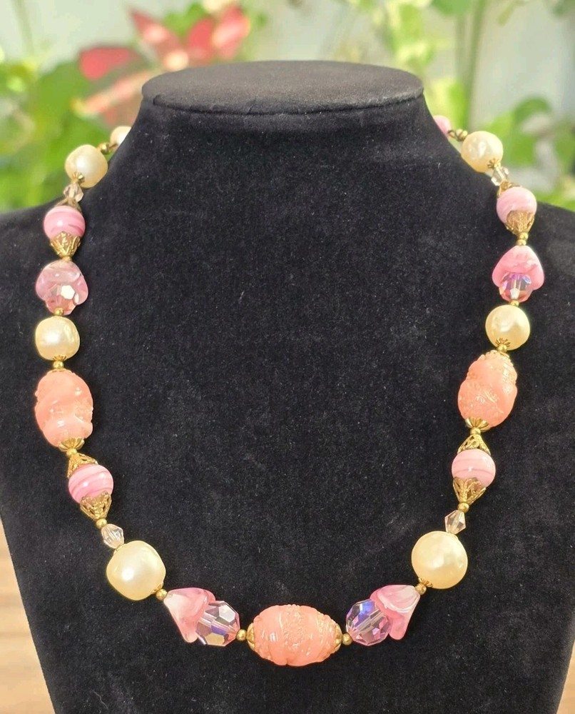 Vintage Pink Molded Glass Faux Pearl Metal Accent Necklace