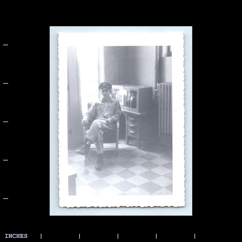 Old Vintage Photo ARMY MAN SOLDIER SITTING IN CHAIR SMOKING CIGARETTE
