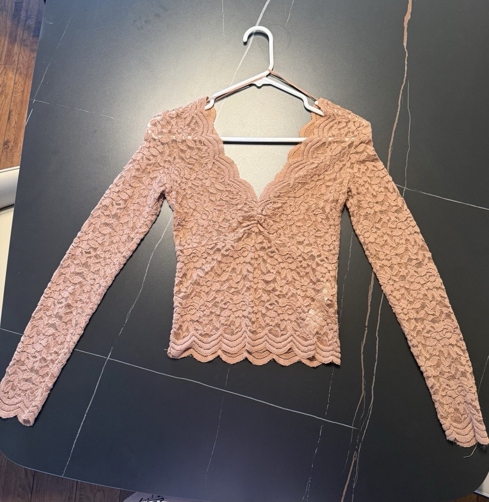 ZARA Women’s Brown Floral Lace V-Neck Long Sleeve Pullover Blouse Size S