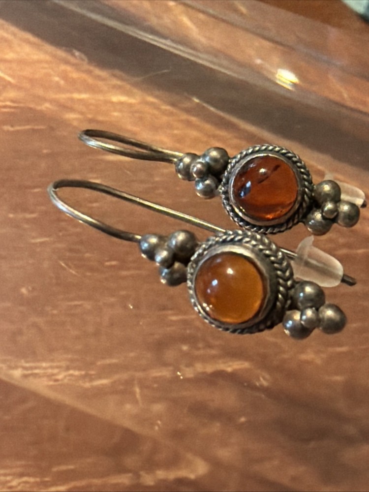 Vintage Elegant Sterling Silver & Amber Dangle Hook Earrings
