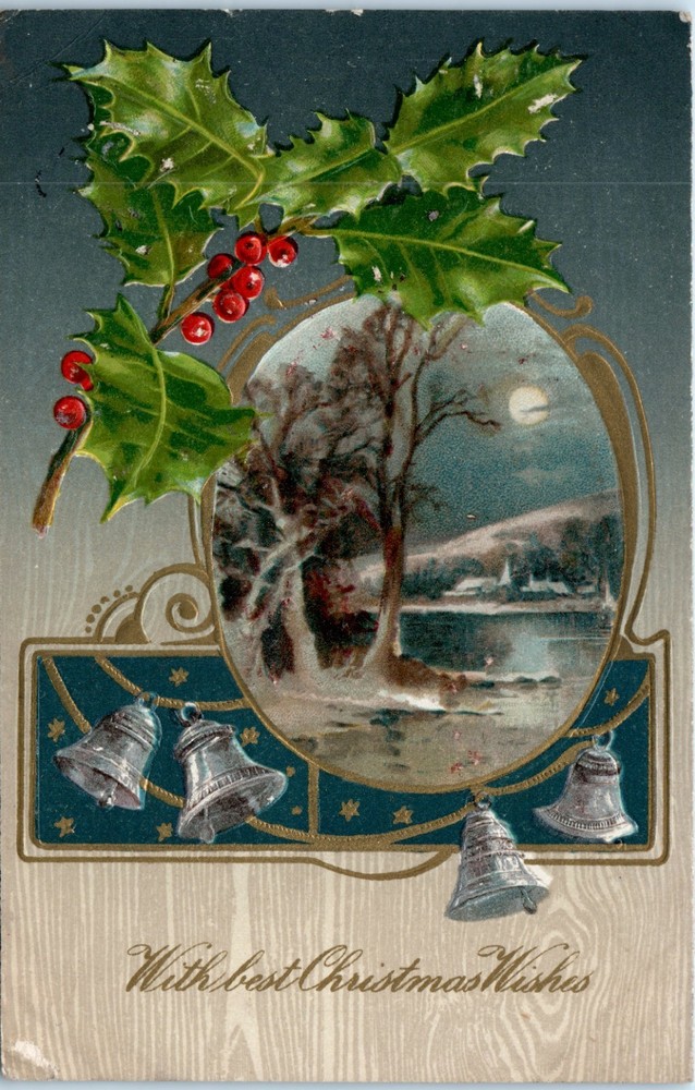 C1910's - Silver Bells Holly Full Moon Lake Embossed Christmas - Postcard - P13