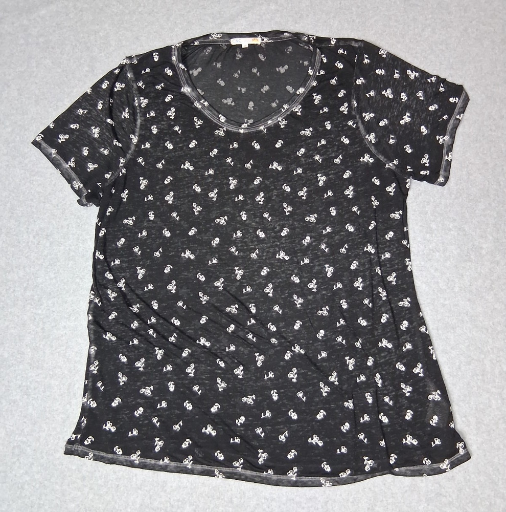 C&C California Short Sleeve Burnout Tshirt 1X Black Ditsy Floral Boho Slub Knit