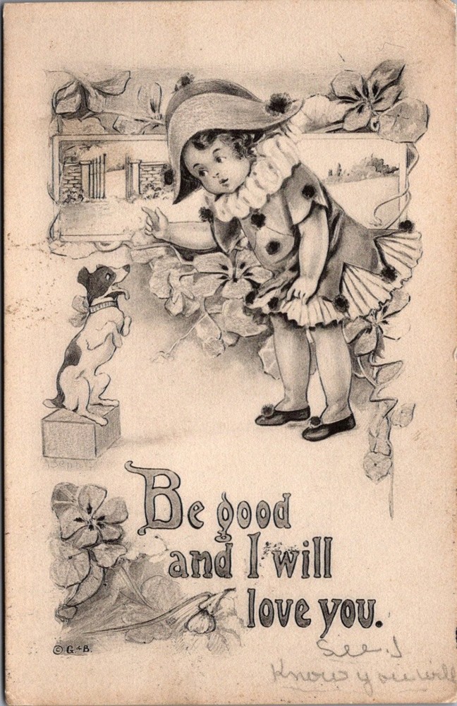 1909 Antique Postcard Child Girl & Dog 