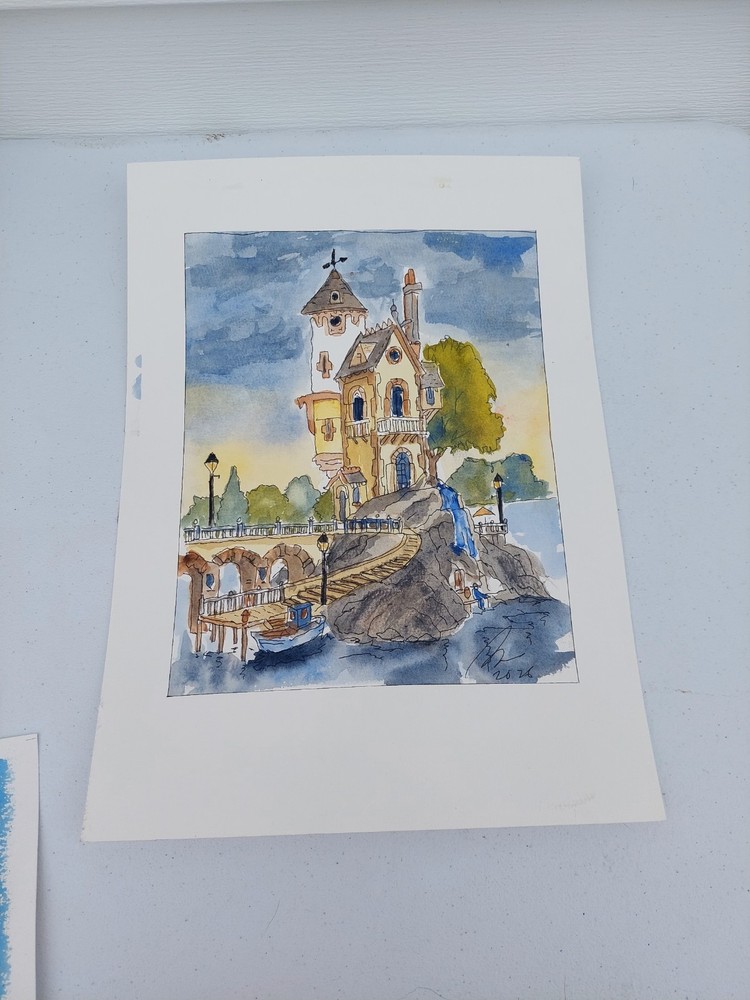 Fantasy House Watercolor Signed 14x10 Original See Info Home Italy France Scene