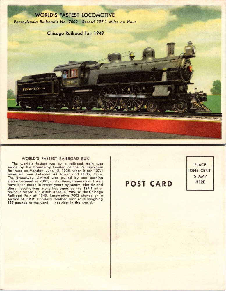 Pennsylvania Railroad Locomotive 7002 Chicago Railroad Fair Postcard