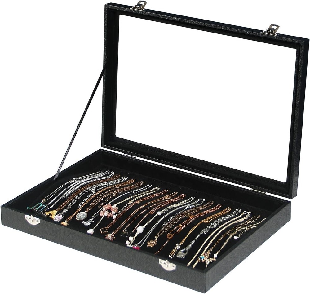 2X 20 Hooks Velvet Necklace Organizer Box Necklace Holder Tray with Clear Lid