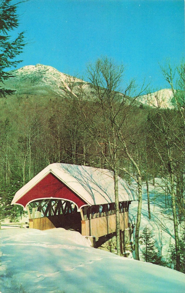 Flume Covered Bridge & Mt Liberty - Franconia Notch New Hampshire NH Postcard