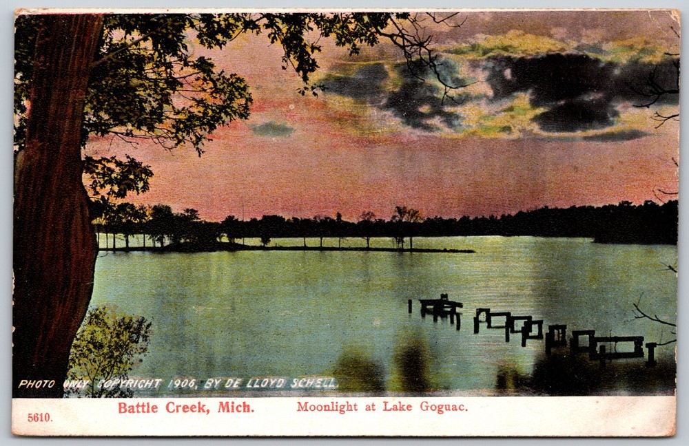 1909 Moonlight at Lake Goguac Battle Creek Michigan ANTIQUE Postcard