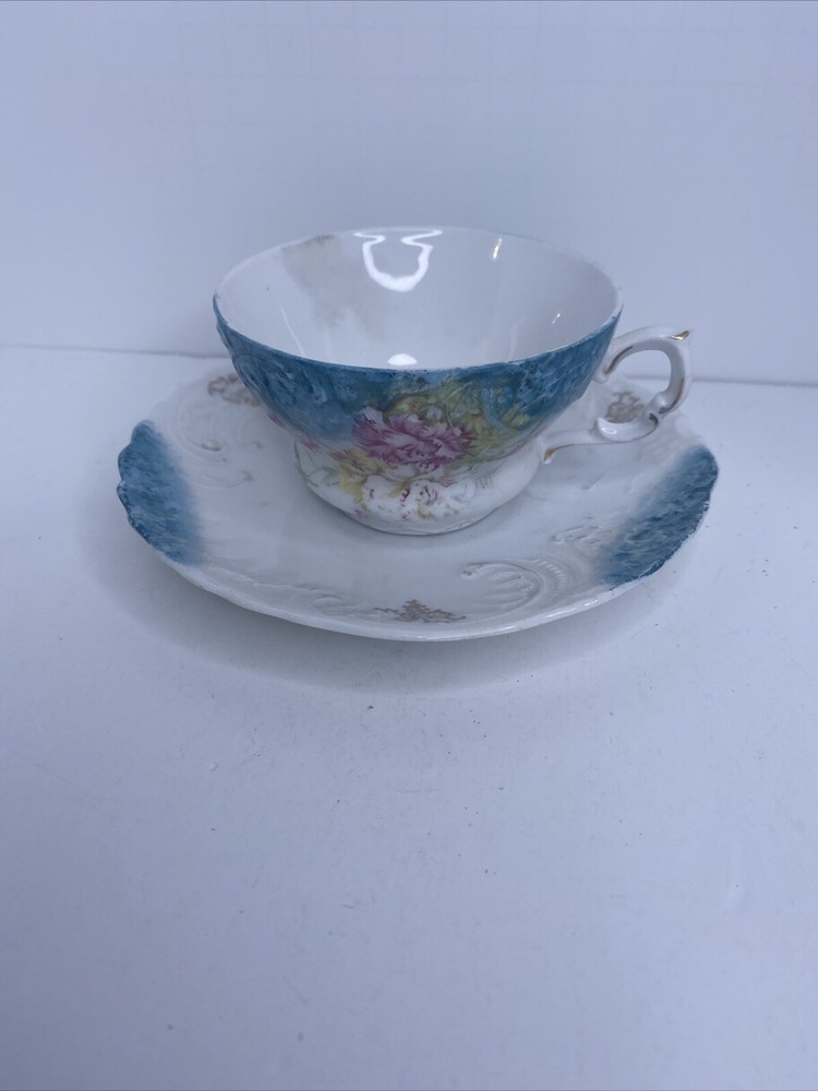 Vintage Welmar Germany White China Demitasse Teacup & Saucer Pink Flowers