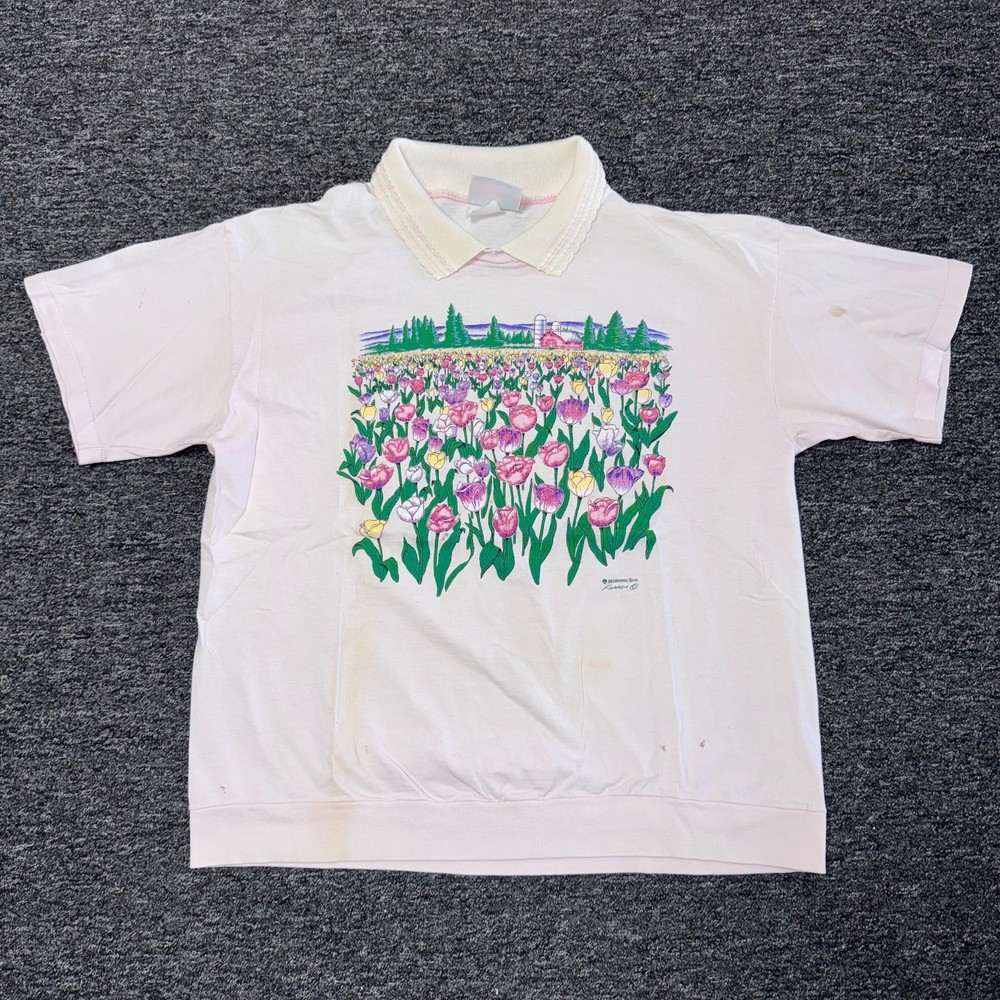 Vintage 80s Morning Sun Floral Collared T-Shirt Granny Top Sz M Multicolor