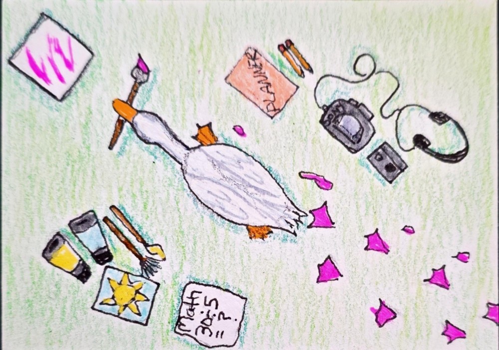 ACEO Original Cartoon Duck with Art Supplies School Theme Whimsical Drawing