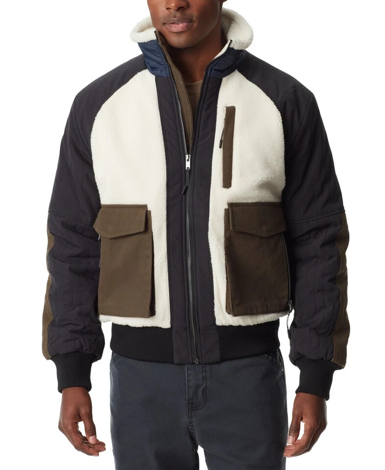 Bass Outdoor Men's Ivory Black Mixed-Media Full-Zip Bomber Jacket Coat Size  L