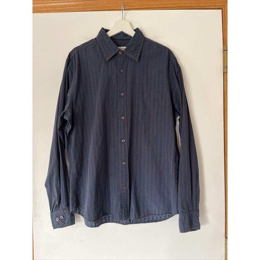 Rare Vintage Mens Size Large Blue Tan Stripe Long Sleeve Button Down Shirt