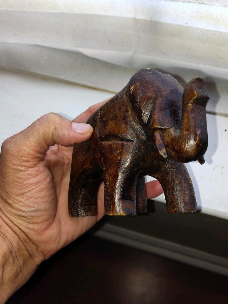 Dark Wooden Elephant Statue Hand Carved Dark Solid Wood Vintage