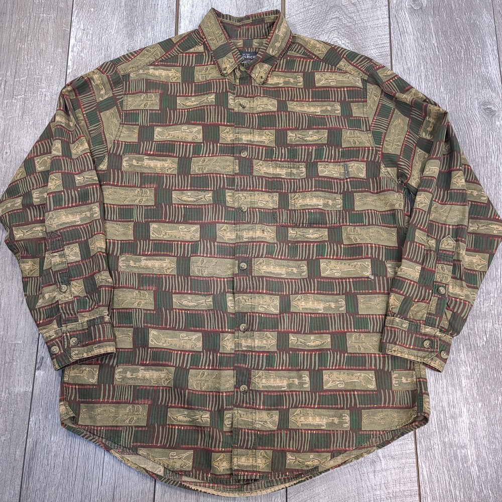 Woolrich Mens Fishing Lures Shirt Size Large Green Check Tackle Hunting Top