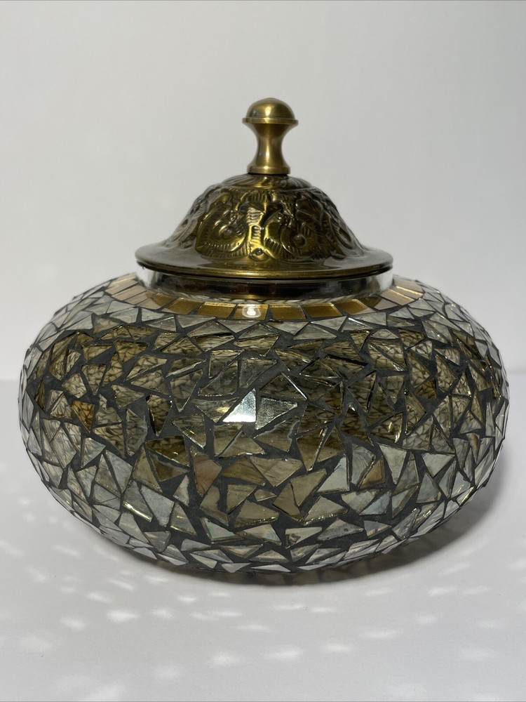 Mosaic Glass Candy Bowl with Solid Brass Lid - 7x6 Inches