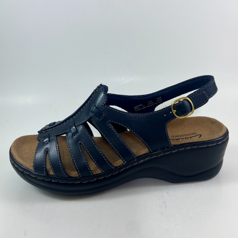 Clarks Lexi Marigold Navy Leather Wedge Heel Sandals Size 7.5M New