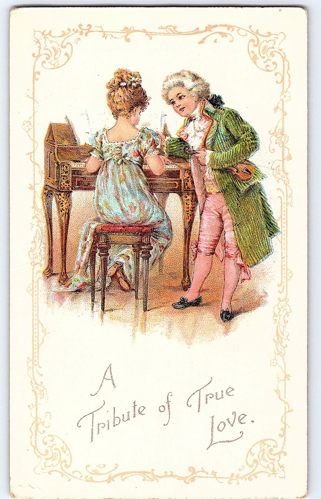 C1900 Postcard Tribute of True Love Couple Victorian Clothing Embossed Piano