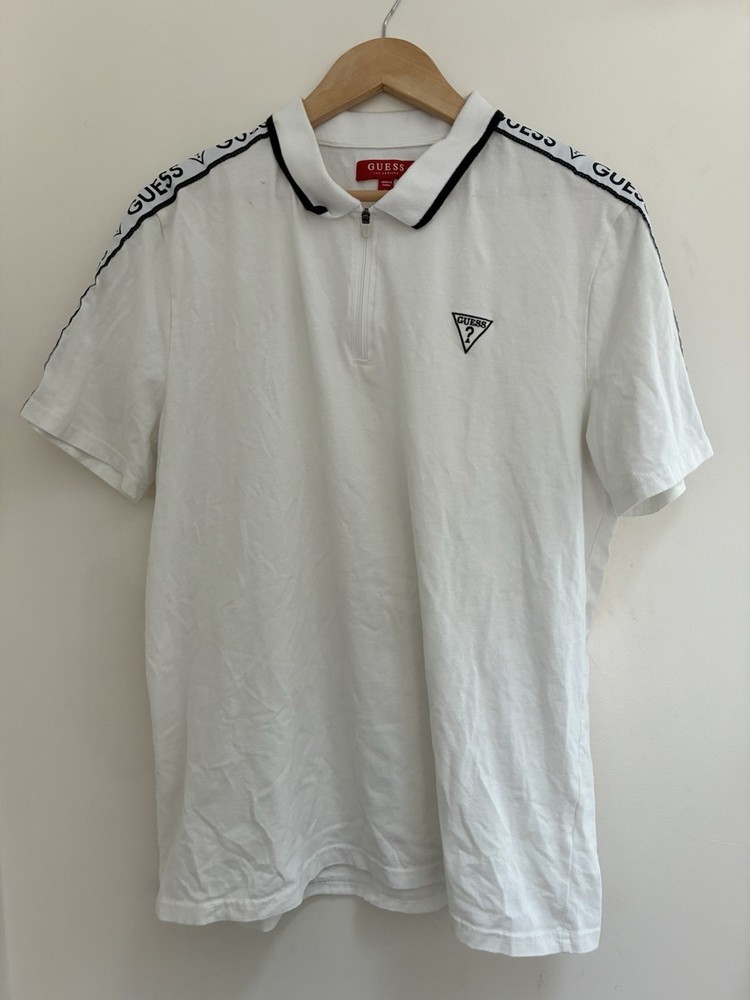 Guess Los Angeles Men's 1/4 Zip Collared Cotton Short Sleeve Shirt Black White L