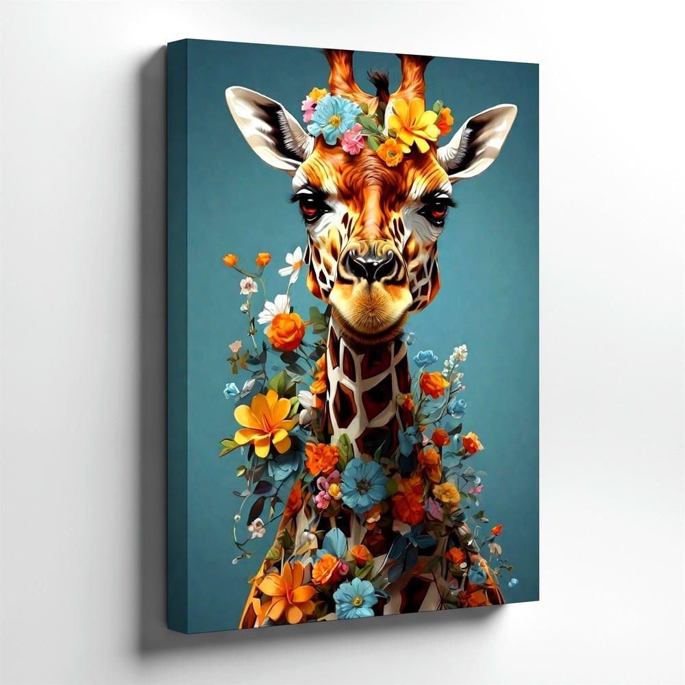 Wall Art Floral Giraffe Portrait Canvas Print Colorful Animal Flower Home Decor