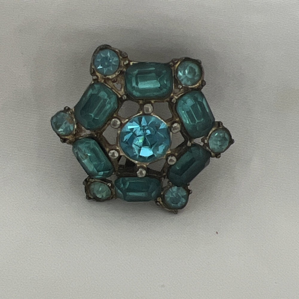 Vintage Aqua Rhinestone Brooch 1”