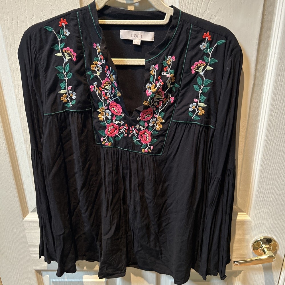 Ann Taylor Loft Black Embroidered Top