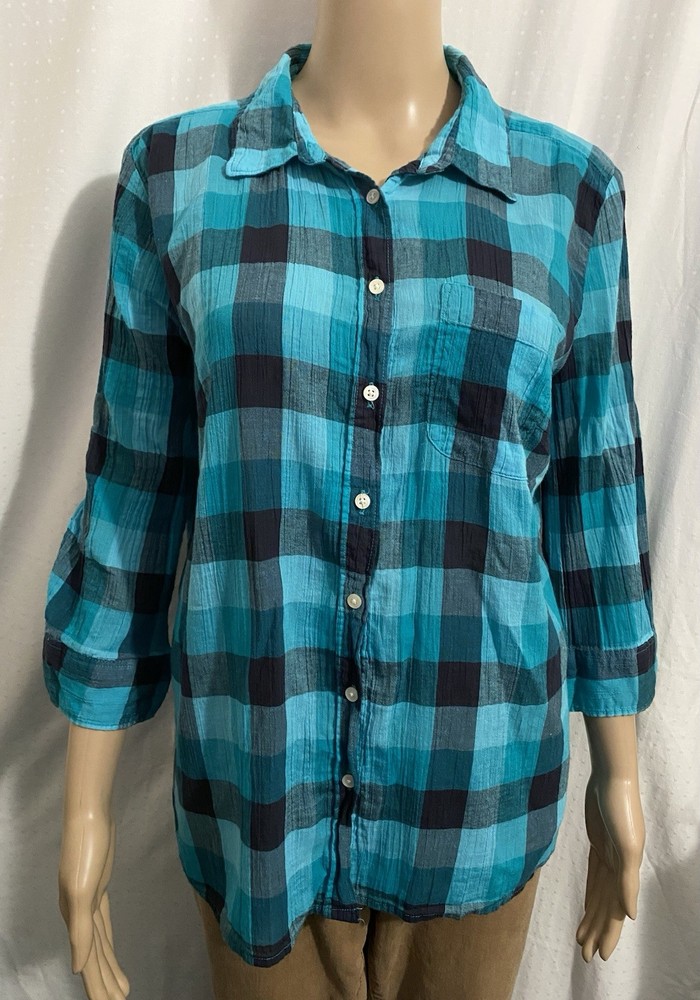 Blue Checkered St. John’s Bay 3/4 Sleeve Button Up Blouse Size Petite Large